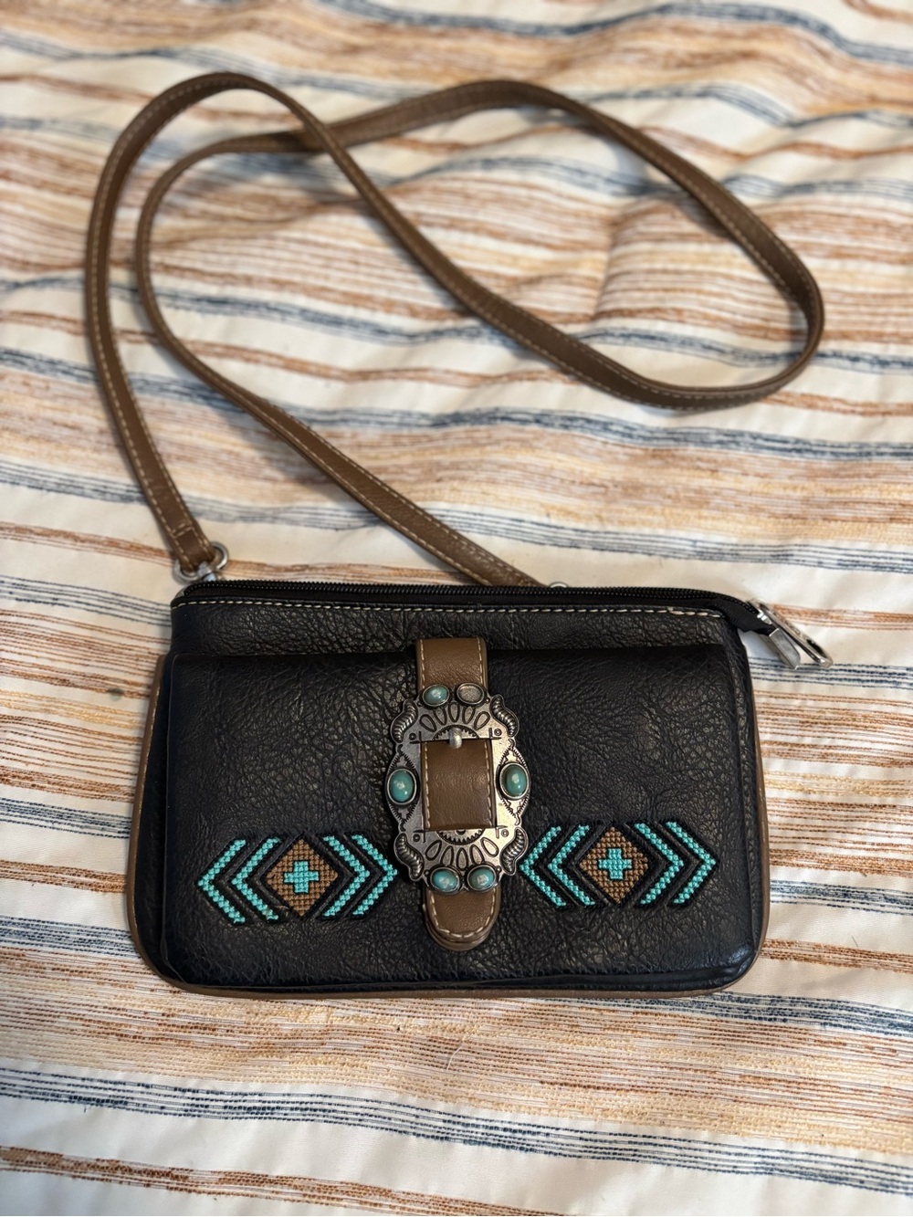 American Living Black Shoulder Bag with Brown Strap and Turquoise Accents